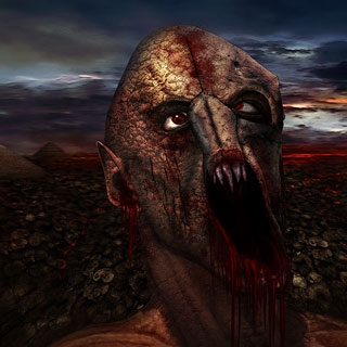Зомби демон в пустыне с пирамидами и рекой лавы - Арт Death Metal группы