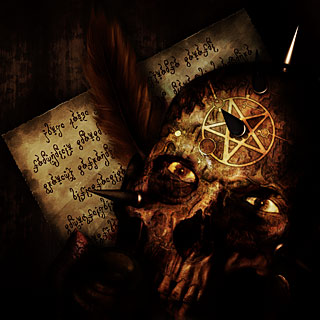 Демонический череп с шипами и пентаграмой, перо и свиток с заклинанием - арт Металл Группы