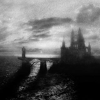 Мрачная крепость в океане, туман и тучи - Арт для Black Metal группы