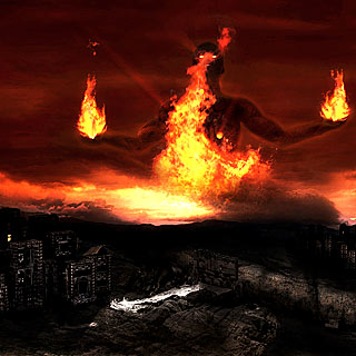 Rising from Ruins - Огненный демон, ифрит над разрушенным городом, Арт для метал группы