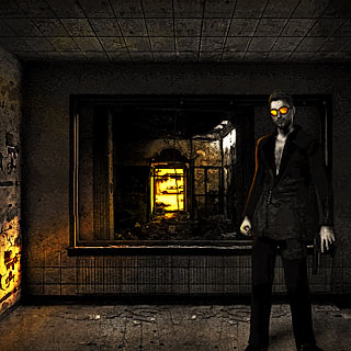 Visitor - Assassin with the gun at the Ruined Apartment Metal Album Artwork Design