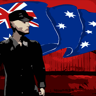 Australian Patriot with National Flag and the Sydney City behind his back