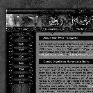 Dark Gothic Web-Template Preview with Grey Stone Background, Chains at Sidebars, Silver Title