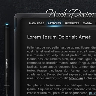 Dark Hi-Tech futuristic web-design, iPad Tablet Style with Stylus, wires and glowing buttons