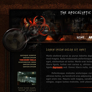 Dark Industrial web-design with post-apocalyptic atmosphere and Grunge dirty rusted plates, acid biohazard icon and burnt fans with smoke